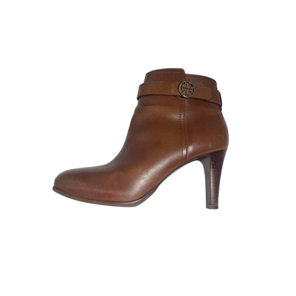 Tory Burch Brita Leather Ankle Boots 9M Brown Zip Closure Round Toe Logo Accent - Picture 1 of 6